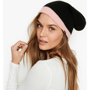 Victoria's Secret beanie reversible striped PINK Black